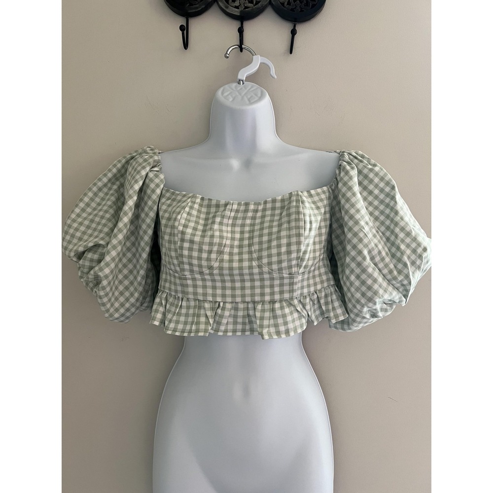 Lulus Top Womens Small Green Gingham Puff Sleeve Off Shoulder Crop Cottage Boho